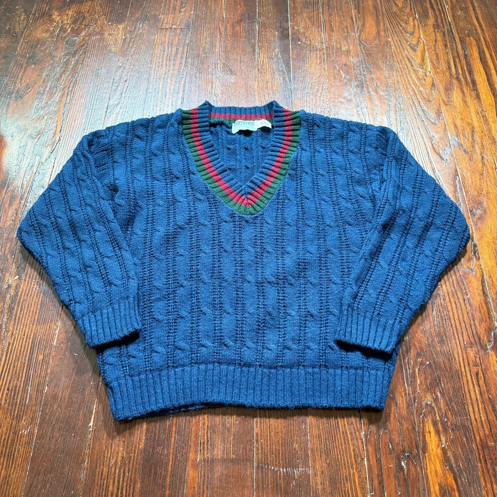 Vintage 80s Sweater Mens XL Blue Chunky Cable Knit Fisherman Grandpa MADE IN USA